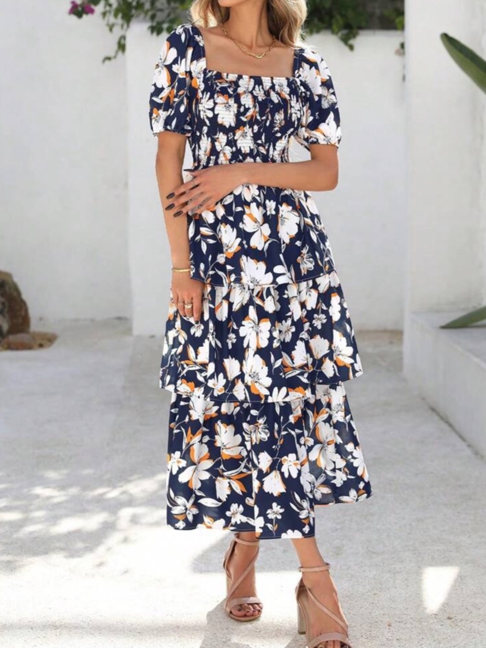 Navy Blue and White Floral Tiered Midi Dress